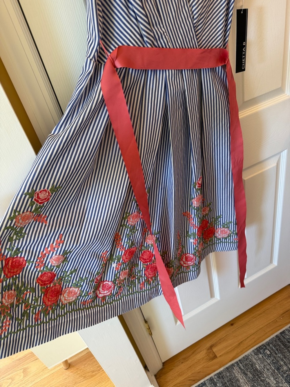 Blue and White Striped Sleeveless Dress with floral Accent - Picture 4 of 12